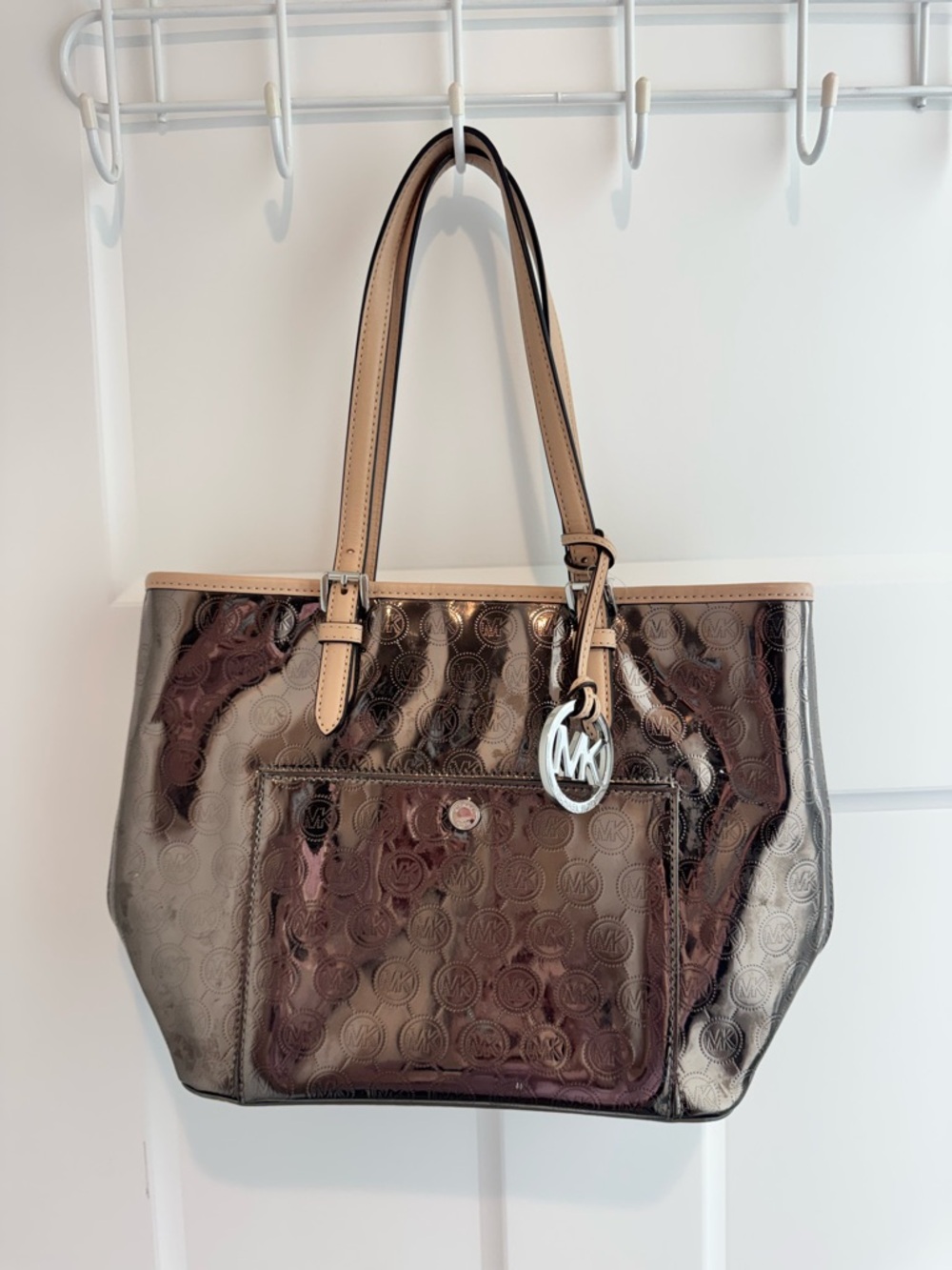 Michael Kors Metallic Bronze Patent Logo Tote with Tan Trim Brand New w/o Tags